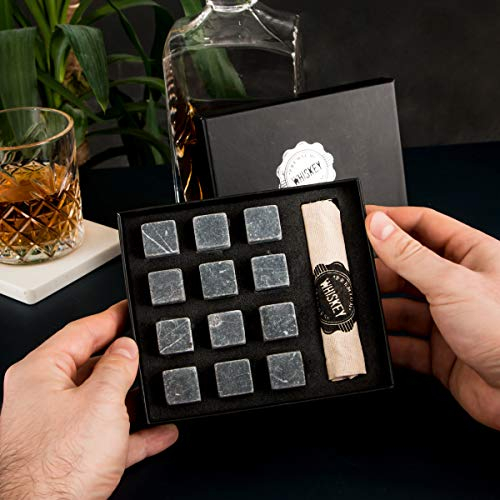 Hediyesepeti Whiskey Steine Set 12 Marmor Wiskey Eiswürfel Steine Für Alle Getränke, Geschenkbox-verpackung, Wiederverwendbare Whiskey Eiswürfel Mit Stoffzugbeutel Geschenke Für Männer Dunkelgrau