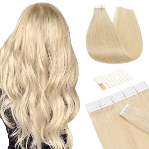 TESS Tape Extensions Echthaar Blond #613 Klebeband Haarteile Tape in Haarverlängerung Remy Human Hair Glatt 10 Stück 22(55cm)-25g