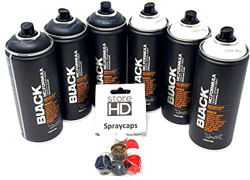 Montana Black & White Spray Cans Set, 3 x Black + 3 x White + 10 Replacement Spray Heads - 6 x 400 ml