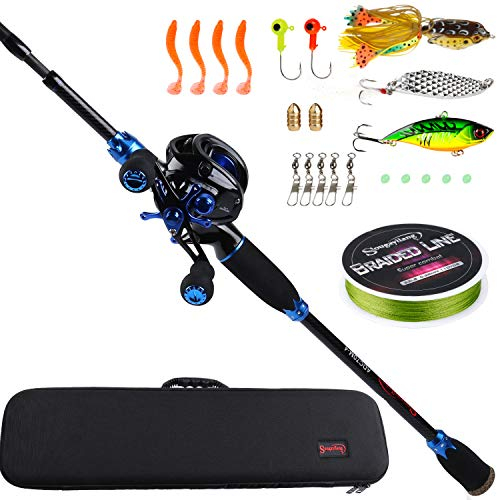 Sougayilang Baitcasting Angelrolle für Reisen, 7.0:1 Getriebe, Baitcast-Angelrolle, 4 Stück, tragbare Angelrute mit Angel-Tragetasche, 2,1 m, Blau, für Linkshänder
