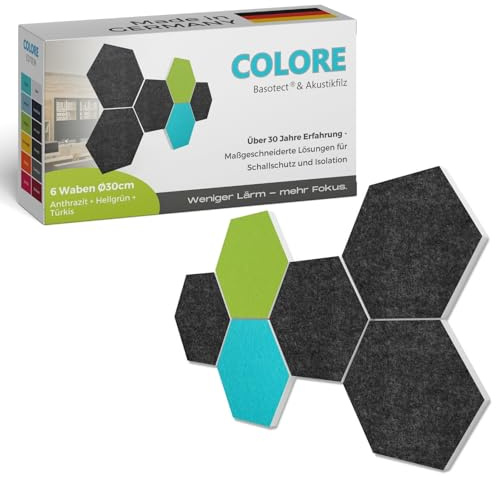platino24 Akustikpaneele 6 Elemente Colore Waben Ø 30 cm Anthrazit + Hellgrün + Türkis I Schallabsorber aus Basotect G+ mit Akustikfilz I Schalldämmung Wand & Decke I Akustikelement Wandpaneel