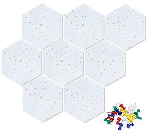 Uoisaiko Felt Hexagon Bulletin Board with 20 Pins, Pack of 8 Self Adhesive Notice Boards for Home Office Kitchen, DIY Pin Board Wall Tiles for Photos Memos