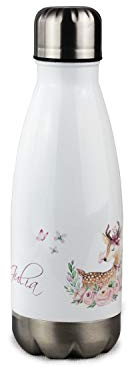 GRAZDesign Trinkflasche Kinder 350ml Kinderflasche mit Namen personalisiert | Ideale Thermosflasche für Kinder, Kleinkinder, Kindergarten & Schule | Isolierflasche Edelstahl Motiv Reh mit Blumen