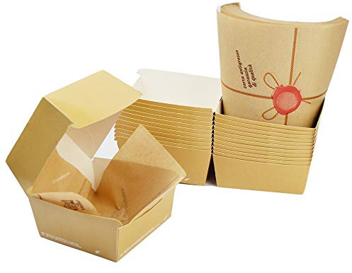 PZ 100 Porta PANINO BIO COMPOSTABILE 12x12x11 CM + PZ 100 Fogli Anti Grasso Avana per L'ASPORTO di FRITTI, PANINI, Patatine