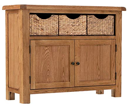 RoselandFurniture Zelah Oak Sideboard with Baskets for Living Room | Fully Assembled, Wooden Buffet Storage Cabinet, Waxed Finish, Rustic Country Style, H85cm W110cm D38cm
