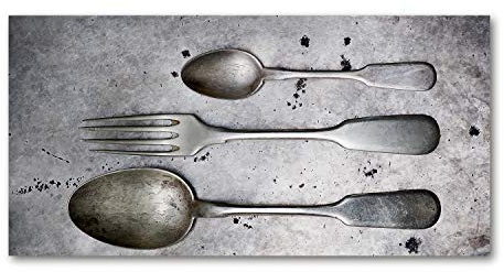Tulup Spritzschutz Glas Küche 140x70 cm Küchenrückwand Glassplatte Küche Herd Küchenrückwand aus Echtglas Abdeckplatte - Vintage/Retro - Silber - Besteck