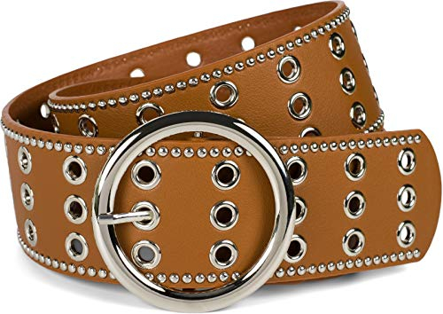 styleBREAKER Damen breiter Gürtel mit Lochnieten und runder Schließe, Nietengürtel, Taillengürtel, kürzbar 03010122, Farbe:Cognac, Größe:100cm