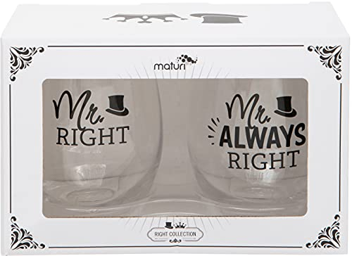 Maturi Lot de deux verres à vin sans pied Mr Right Mr Always Right, 530 ml