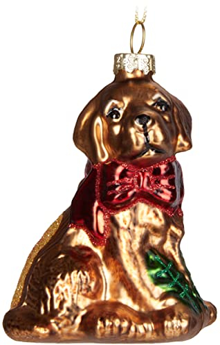 BRUBAKER Golden Retriever mit Schleife Rot als Halsband - Handbemalte Weihnachtskugel Hund aus Glas - Mundgeblasener Christbaumschmuck Goldhund Labrador Lustig Deko Anhänger Baumkugel - 9,1 cm