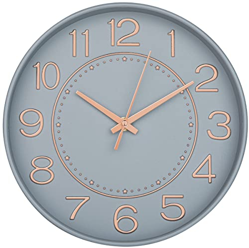 HZDHCLH 25cm Modern Quartz Lautlos Wanduhr Arabisch Ziffer Schleichende Sekunde ohne Ticken für Dekoration Wohnzimmer, Küche, Büro, Schlafzimmer (graues Gold)