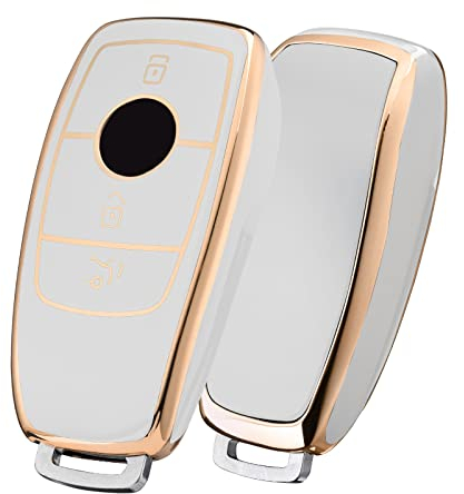 OATSBASF Autoschlüssel Hülle Geeignet für Mercedes Benz, Schlüsselhülle Cover für E Klasse S Klasse TPU Schutzhülle (Goldener Rand-Weiß)