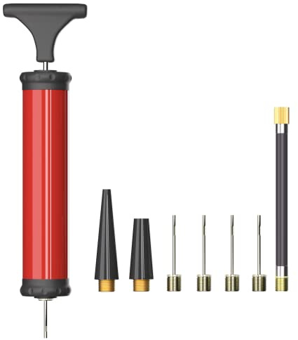 HDNNC Portable Ball Pump, Air Pump, Hand Pump Inflator Kit with 4 Needles 2 Nozzle 1 Extension Hose for Basketball Football Volleyball Soccer - Red