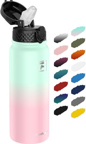 Fanhaw 600ml Stainless Steel Insulated Sports Water Bottles with Straw for Kids, Men and Women(Green Pink)