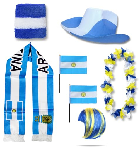 Sonia Originelli Fanset Fanartikel Fanhut Blumenkette Fanschal Schweißband Fähnchen Perücke WM EM Farbe: Argentinien Irokese