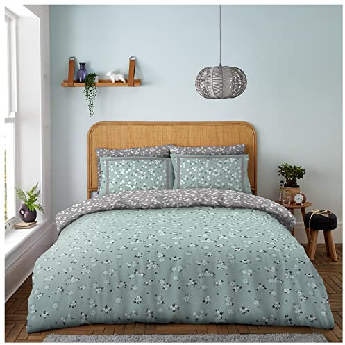 GC GAVENO CAVAILIA Printed King Size Duvet Cover Set, Reversible Ditsy Rose Bedding & Linen Set, Easycare Flower Quilt Covers, Green