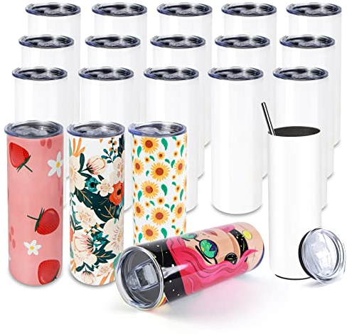 HTVRONT 20 Pack Sublimation Tumblers - 20 OZ Sublimation Tumbler Skinny Straight - Stainless Steel Sublimation Tumblers with Paper,Straw and Box