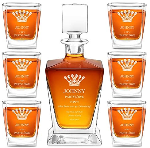 Maverton Whisky Dekanter 800 ml + 6er Whiskygläser Set mit Gravur - Whisky Karaffe mit Gläsern 250 ml - personalisiertes Whiskey Set für Männer - für Whiskyliebhaber - Partylöwe
