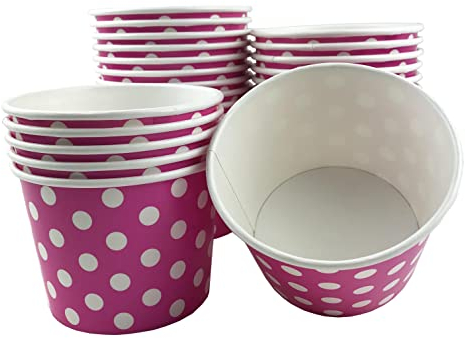 MMvolesy 473 ml rosa Papier-Eisbecher mit Punkten, Einweg-Dessertbecher, Eisschalen für kalte oder heiße Speisen, Papier-Dessertbecher und farbige Pappbecher für Suppen, 50 Stück