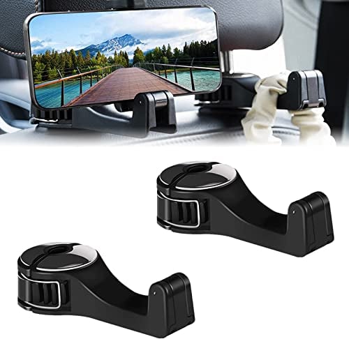 Kopfstützenhalterung Auto Haken, 2 Stücke Taschenhalter Auto Kopfstützen Haken Handtaschenhalter Auto Heckhaken für Autositze mit Handyhalterung für Tasche Handy Lebensmittel Schwarz