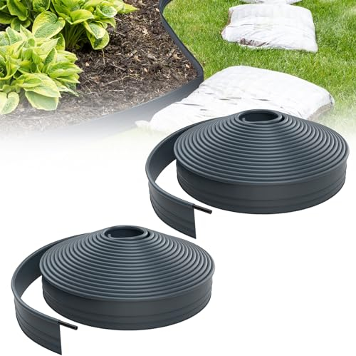 Froadp 30m Flexible Rasenkante Kunststoff Beetumrandung Gartenumrandung Blumenbeetumrandung 9.6cm Hoch Rasen Beeteinfassung Mähkante für Gartenkante, Wege, Begrenzungen, Kieswege (Anthrazit)