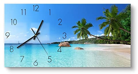 DEQORI Glasuhr | vertikal 60x30 cm | Motiv Bilderbuchstrand | große XXL Design Uhr aus Glas | leise Wanduhr für Wohnzimmer & Küche | moderne Hingucker Uhr für die Wand