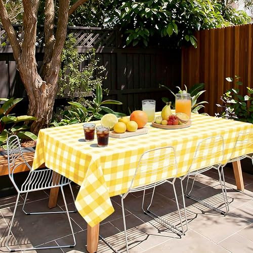 Hiasan Tischdecke Outdoor Wetterfest Karierte Abwaschbar, Gelb und Weiß | 110x140cm, Tischdecken aus Polyester, Wachstischdecke Wasserabweisend, Tischtuch für Bierzeltgarnitur Esszimmer Party Garten