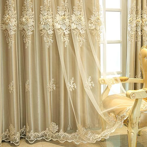Amidoudou 1 Paar luxuriöse europäische Vorhänge mit Volant für Wohnzimmer Schlafzimmer doppellagig bestickte Vorhänge (Gold, 132 x 213 cm)