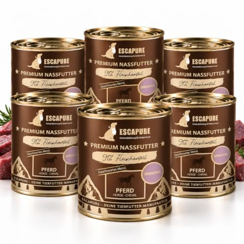 Escapure Nassfutter Pferd, 91% Fleisch, getreidefrei, 6x800g, Hund | Hypoallergen für sensible Hunde – Manufaktur Deutschland