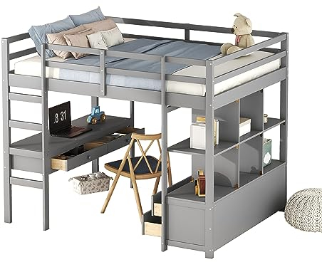 Azkoeesy Hochbett 140x200 cm, mit Schreibtisch und Schubladen, mit Standregal, für Teenager und Erwachsene, Kiefernholz, Grau