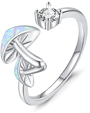 ZIPPICE Pilzringe Verstellbar 925 Sterlingsilber Pilz Weißer Opal Offener Ring Opalschmuck Geschenke für Frauen Teenager Mädchen