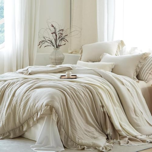 Freyamy Mädchen Bettwäsche 200x200 Beige Unifarben Rüschen Bettwäsche Set | Aesthetic Bettwäsche Plisseefalten, 3 teilig Uni, Microfaser ÖKO-TEX Bettbezug mit Reißverschluss und 2 Kissenbezug 80x80cm