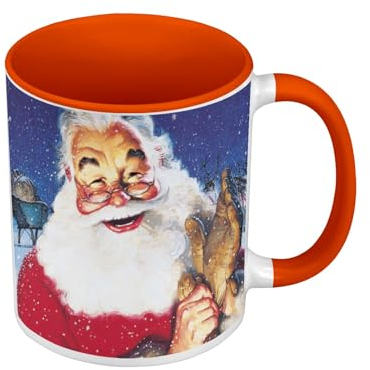 Tasse, Farbe Premium Qualität, Orange – Weihnachtsmann Schnee Schlitten Malerei Vintage Retro – Tasse mit Henkel und farbigem Innenfutter
