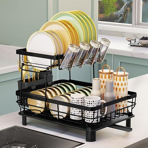 SAMISO Escurreplatos Acero Inoxidable,Escurridor de Platos de 2 Niveles,Estante de Dish,Escurre Platos Armarios,con Bandejas de Goteo,Soporte de Cubiertos,Escurreplatos Negro para Todo de vajillas