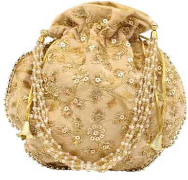 GULAAL ART Indische handgefertigte Handtasche mit Blumenstickerei, mehrfarbig, Seide, Potli-Tasche, Clutch, Geldbörse, Tasche, Kordelzug, für Damen, Hochzeitsgeschenk, beige, 28inch