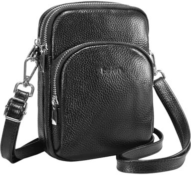 befen Black Crossbody Bag for Women Small Mobile Phone Bag for Women Genuine Leather RFID Blocking Shoulder Bag for Ladies With Multiple Pockets