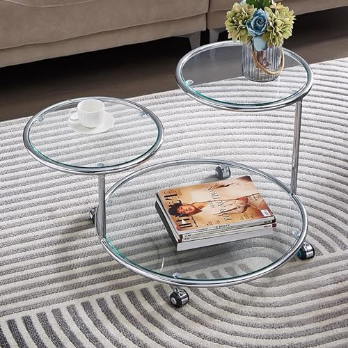 WBRSybUK Table Basse Ronde en Verre Trempé, Table Basse Relevable Extensible, Tables D'appoint Mobiles Rotatives, Table D'appoint Chromée pour Salon, Chambre À Coucher,B