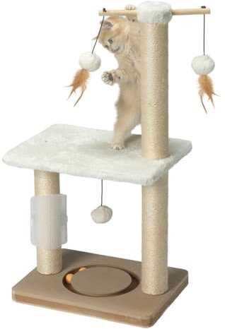 PEEKAB Kratzbaum für Katzen, 78,7 cm hoch, Sisal-Kratzbäume mit Sitzstange, interatcives Spielzeug, vertikaler Kratzbaum für Katzen und Kätzchen, drei hängende Bälle, Selbstmassagebürste, Beige