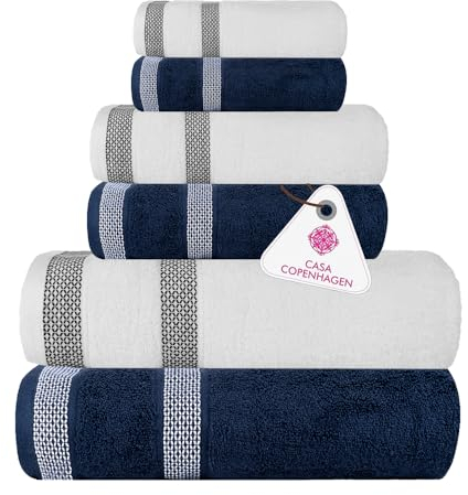 Casa Copenhagen Solitaire Mix 6-teiliges Handtuchset - Marineblau + Weiß, 600 g/m², 2 Badetücher, 2 Handtücher, 2 Waschlappen aus weicher ägyptischer Baumwolle für Badezimmer, Küche und Dusche