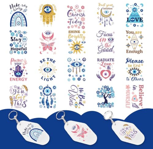 GOMAKERER 10 Blatt UV DTF Wrap Aufkleber Für Motel Schlüsselanhänger Evil Eye UV DTF Aufkleber Mit Inspirierendem Zitat Positives Thema UV DTF Transferaufkleber Für Schlüsselanhängerkarten Aus Acryl