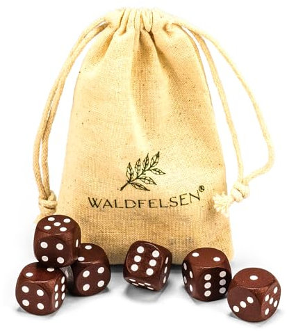 Waldfelsen 6, 12, 20, 30 oder 50 hochqualitative Holzwürfel aus echtem Buchenholz Augenwürfel Spielwürfel aus Holz in 16 mm Standardwürfel mit Stoffbeutel Würfelset (Braun, 6 Stück)