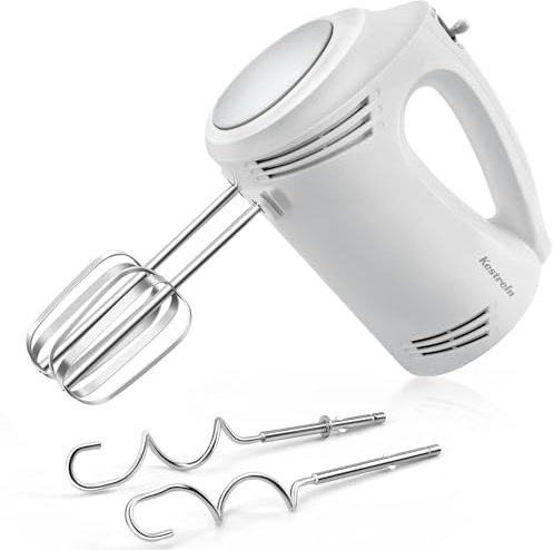 Kestreln S1 Hand Mixer Electric Whisk, 350W Power 5 Speeds with One-Touch Dial and Stable Flat Bottom, Includes 2 Stainless Steel Whisks & 2 Dough Hooks for Kitchen Baking, White, KS1350H