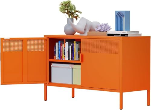 Armario Metalico,Aparador de Metal Estantes con Puertas,Marco de Acero,Armario de Almacenamiento para Oficina en Cocina,Salón,Comedor,Entrada,40 x 100 x 64AL cm,Naranja