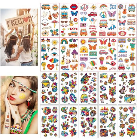 Hippie Tattoos 20 Stück, Blumenmuster, Kinder Gesicht, Karneval, Flower Power Tattoos Temporär für Erwachsene & Kinder – Bunte Hippie Accessoires für Party, Festival, Tattoo Hochzeit & Mottofeier