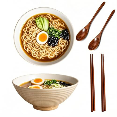 Haayymo 2 Ramen Bowl Set, Ceramic Noodle Bowl with Chopsticks & Spoons 1200ml Large Soup Bowls Japanese Style Retro Porcelain Microwave Tableware Ramen Gift Set for Salad, Pasta (Cat's Eye Blue)
