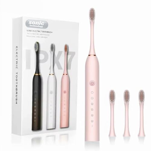 Welari Sonic Electric Toothbrush - Waterproof, 6 Cleaning Modes, 4 Soft Replaceable Brush Heads, USB Fast Charging, 30 Day Battery Life - with Stand & Charging Indicator - Pink
