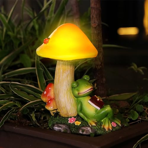 GZWY Außen Solar Gartendeko Frosch Figuren, LED Solar Frosch Deko Gartenfiguren mit Pilz Laterne, Harz Gartendeko für Draußen Wetterfest, Lustige Frosch Garten Deko für Terrasse Home Balkon (Grün)
