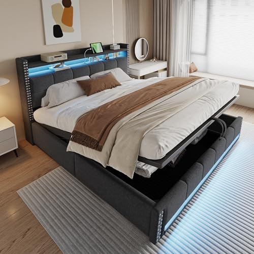 Rtopsu Doppelbett Polsterbett 180x200 cm, Bett mit LED Beleuchtung und USB C, Stauraumbett mit Hydraulisch Stauraum, Bettgestell mit Lattenrost aus Holz, Grau, Ohne Matratze