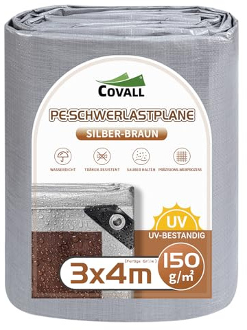 Covall Lona 150g/㎡ Resistente Impermeable Anti-UV 3 x 4m, Cubierta Exterior con Ojales Reforzados Color Plata/Marrón