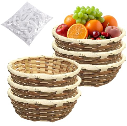 YDAKGUEY 6 Pack Round Gift Baskets, 17cm Bamboo Small Bread & Fruit Basket with 50 Plastic Wrap, Natural Handmade Woven Bread Roll Baskets for Table Restaurant Display Decor Home Storage