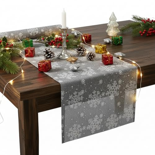 Baluue Weihnachtstischläufer 28x275 cm, Moderner Tischläufer Weihnachten in Grau Silber mit Schneeflocken, Abwaschbare Festliche Tischdeko für Haushalt, Hotel & Restaurant, Elegantes Tischband